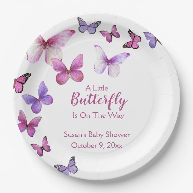 Pink and Purple A Litte Butterfly Baby Shower  Paper Plate (Front)