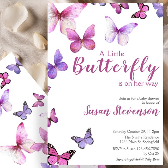 Pink and Purple A Little Butterfly Baby Shower Invitation (Creator Uploaded)