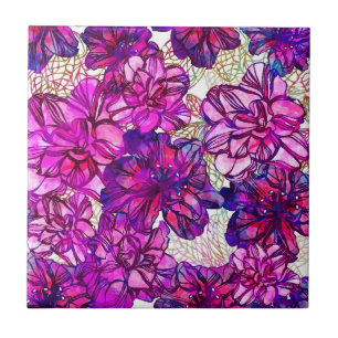 Pink And Purple Abstract Flowers Pattern Ceramic Tile