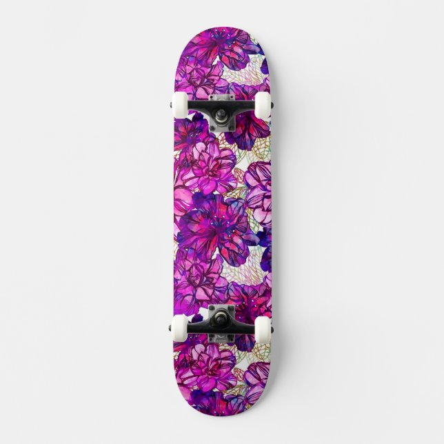 Pink And Purple Abstract Flowers Pattern Skateboard (Front)