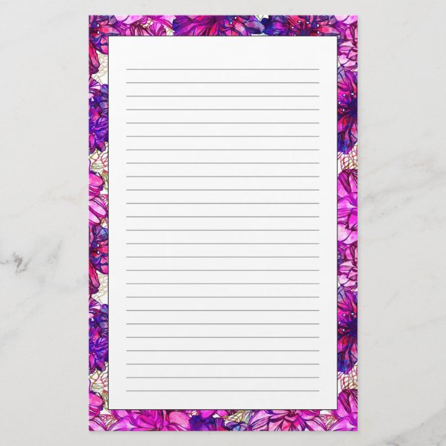 Pink And Purple Abstract Flowers Pattern Stationery (Front)