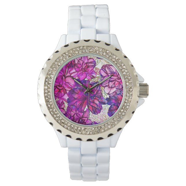 Pink And Purple Abstract Flowers Pattern Watch (Front)