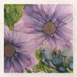 pink and purple alcohol ink flower glass coaster
