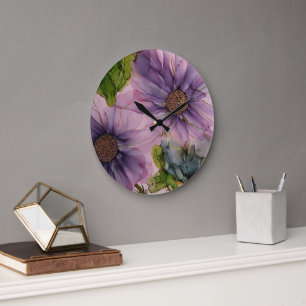 pink and purple alcohol ink flower  large clock