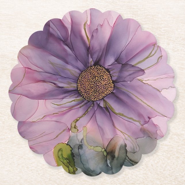pink and purple alcohol ink flower paper coaster (Front)