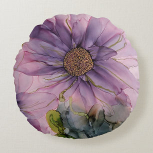 pink and purple alcohol ink flower  round cushion