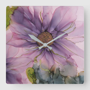 pink and purple alcohol ink flower   square wall clock