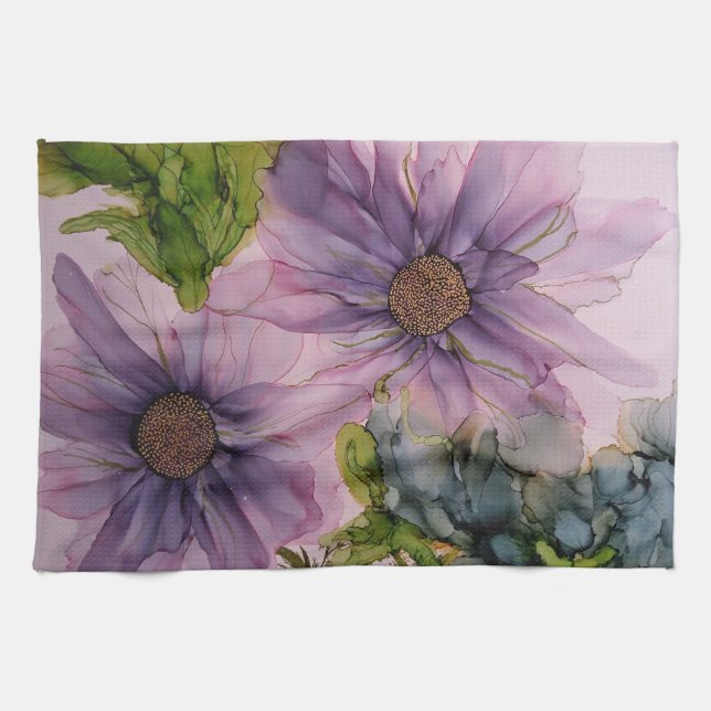 pink and purple alcohol ink flower  tea towel (Horizontal)