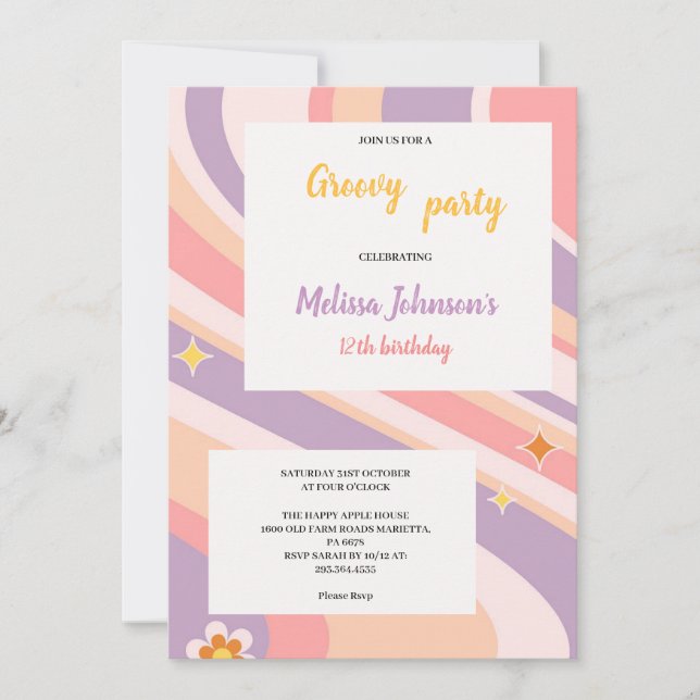 pink and purple and  yellow retro groovy birthday  invitation (Front)
