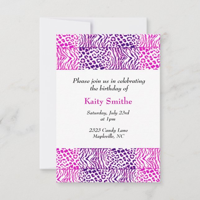 Pink and Purple Animal Pattern Birthday Invitation (Front)