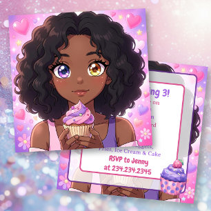 Pink and Purple Anime Girl and Cupcake Birthday   Invitation