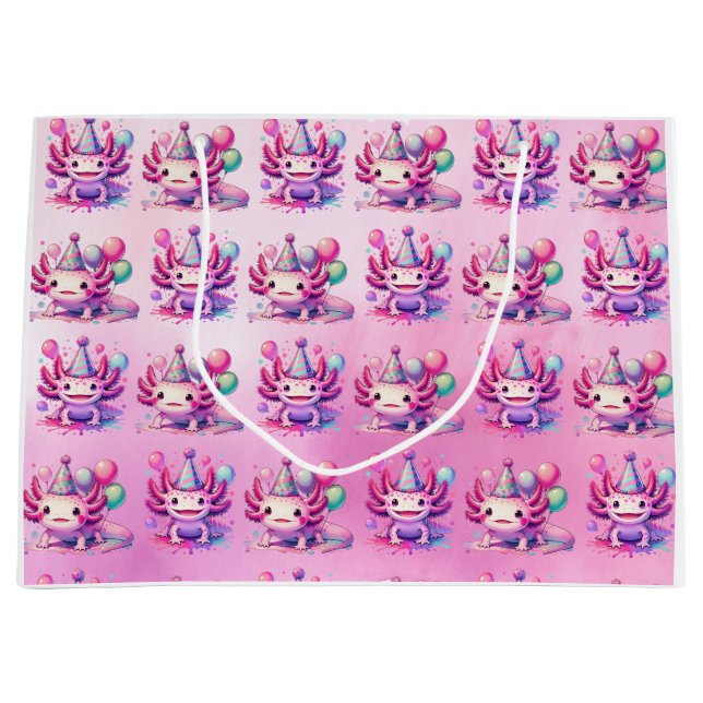 Pink and Purple Axolotl Girl's Birthday Party Large Gift Bag (Front)