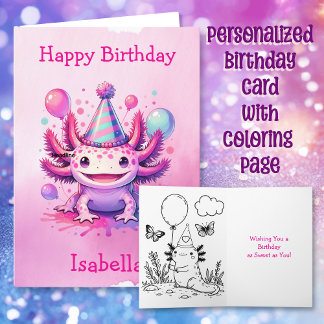 Pink and Purple Axolotl Personalised Birthday Card