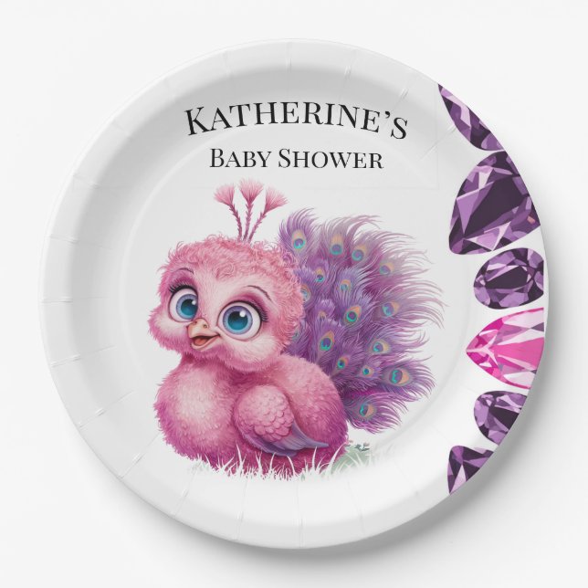 Pink and Purple Baby Peacock Baby Shower Paper Plate (Front)