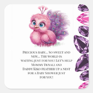 Pink and Purple Baby Peacock Baby Shower Square Sticker