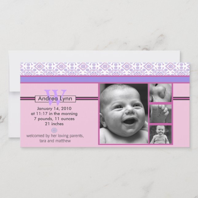 pink and purple bandanna pattern baby announcement (Front)