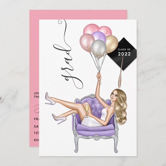  Pink and Purple Blonde Balloon Girl Graduation Invitation (Front/Back)