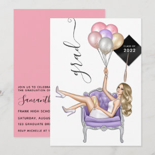  Pink and Purple Blonde Balloon Girl Graduation Invitation