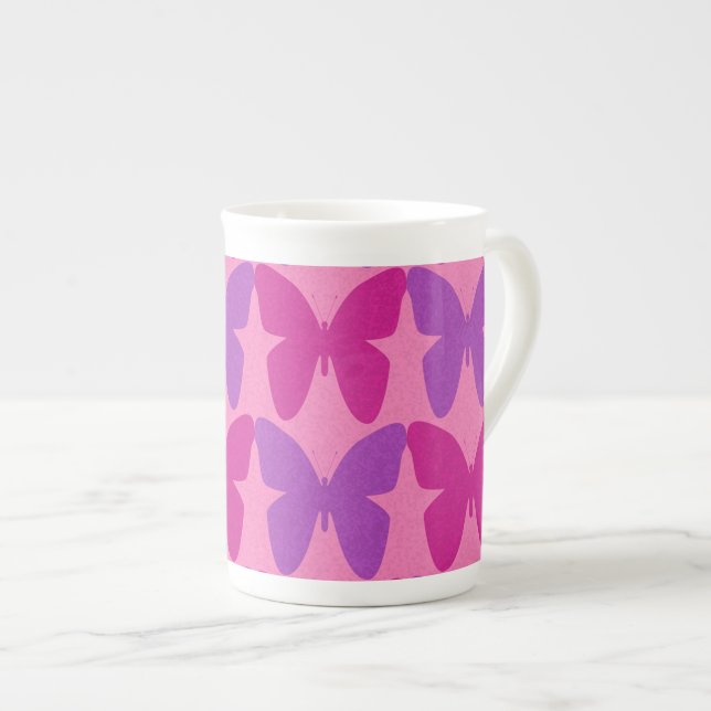 Pink and purple butterflies pattern bone china mug (Front Right)