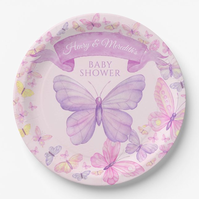 Pink and Purple Butterfly Custom Baby Shower Paper Plate (Front)