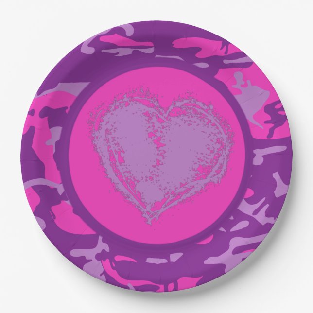 Pink and Purple Camo with Heart Paper Plate (Front)