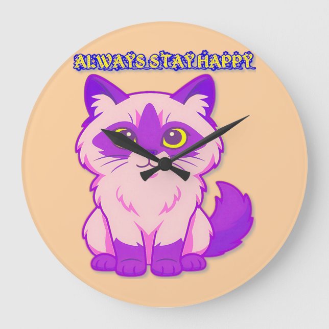 pink and purple cartoon cat large clock (Front)