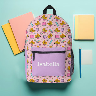 Pink and Purple Colourful School Supplies Pattern Printed Backpack