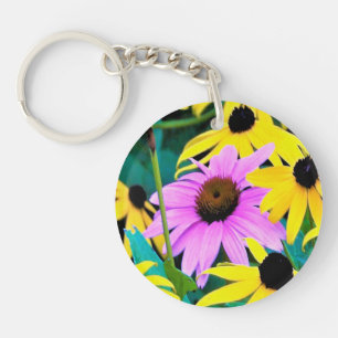 Pink and Purple Coneflower with Yellow Flowers Key Ring