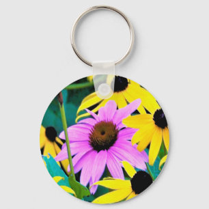 Pink and Purple Coneflower with Yellow Flowers Key Ring