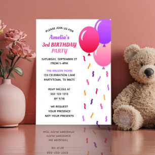 Pink and Purple Confetti and Balloons Birthday Invitation