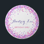 Pink and purple confetti birthday girl 7.5 cm round badge<br><div class="desc">Confetti birthday button for the birthday girl! Featuring fun coloured confetti circles sprinkles of pink,  purple,  lilac and soft grey all around with your birthday girl's info in the centre.</div>