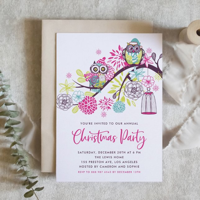 Pink and Purple Cute Festive Owls Christmas Party Invitation (Creator Uploaded)