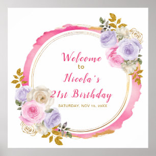 Pink and Purple Elegant Flower Birthday Party Poster
