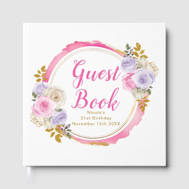 Pink and Purple Elegant Flowers Birthday Party Guest Book (Front)