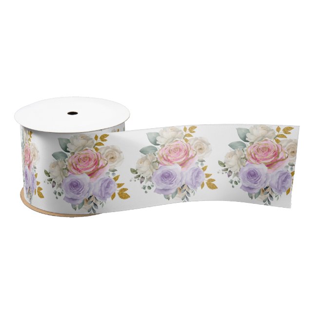 Pink and Purple Elegant Flowers Satin Ribbon (Spool)