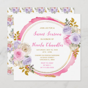 Pink and Purple Elegant Flowers Sweet Sixteen Invitation