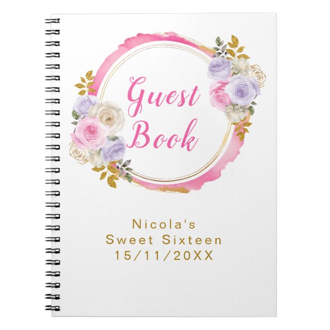 Pink and Purple Elegant Flowers Sweet Sixteen Notebook (Front)