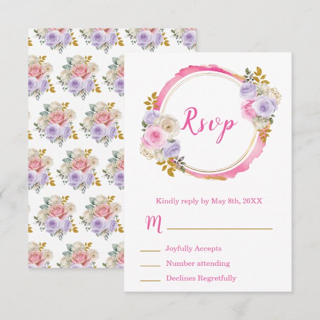 Pink and Purple Elegant Flowers Sweet Sixteen RSVP Card (Front/Back)