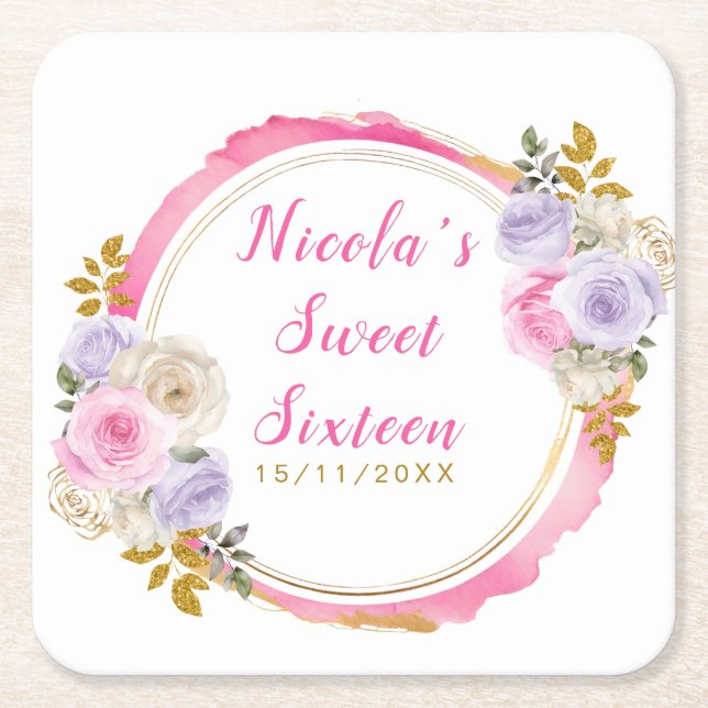 Pink and Purple Elegant Flowers Sweet Sixteen Square Paper Coaster (Front)