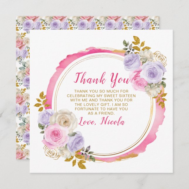 Pink and Purple Elegant Flowers Sweet Sixteen Thank You Card (Front/Back)