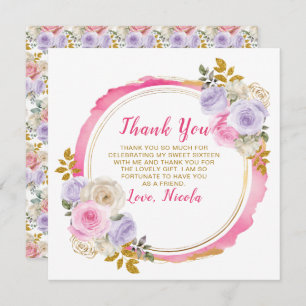 Pink and Purple Elegant Flowers Sweet Sixteen Thank You Card