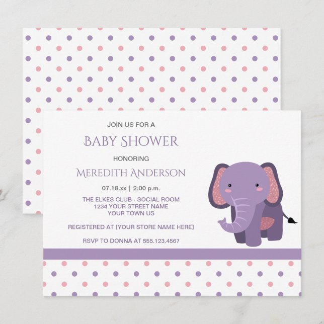 Pink and Purple Elephant Baby Shower Invitations (Front/Back)