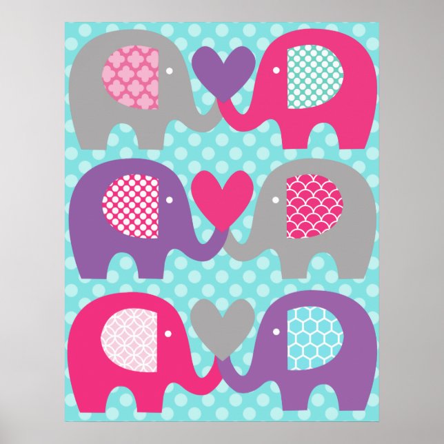 Pink and Purple Elephant Love Nursery Poster (Front)