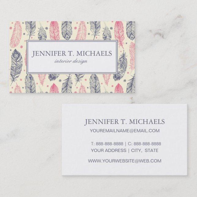 Pink And Purple Ethnic Feather Pattern Business Card (Front/Back)