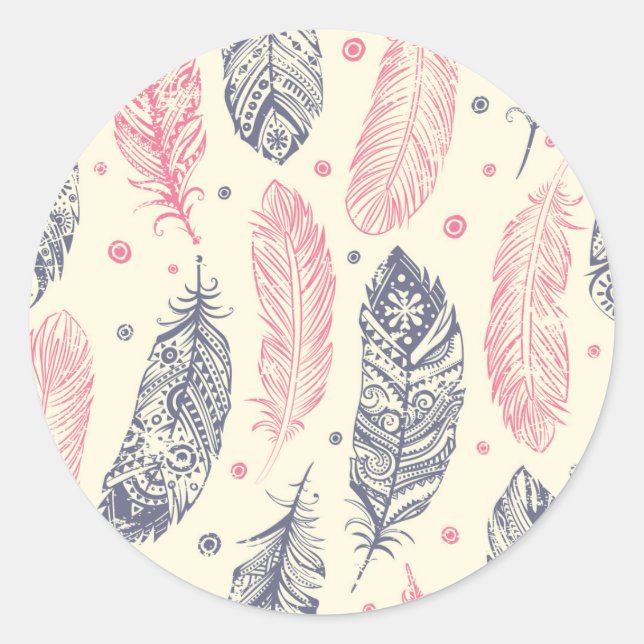 Pink And Purple Ethnic Feather Pattern Classic Round Sticker (Front)