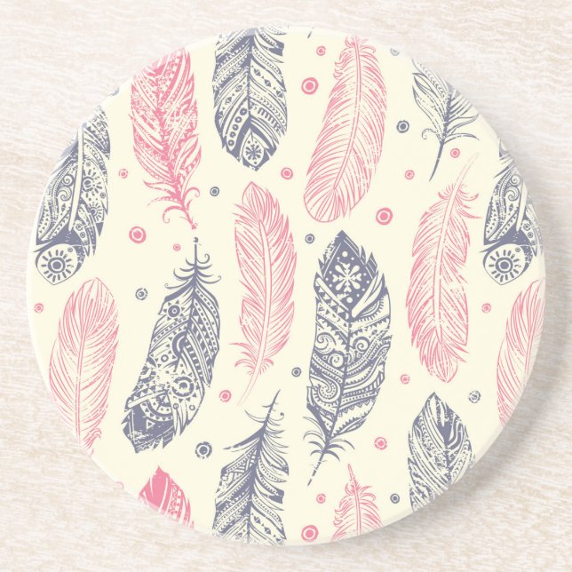 Pink And Purple Ethnic Feather Pattern Coaster (Front)