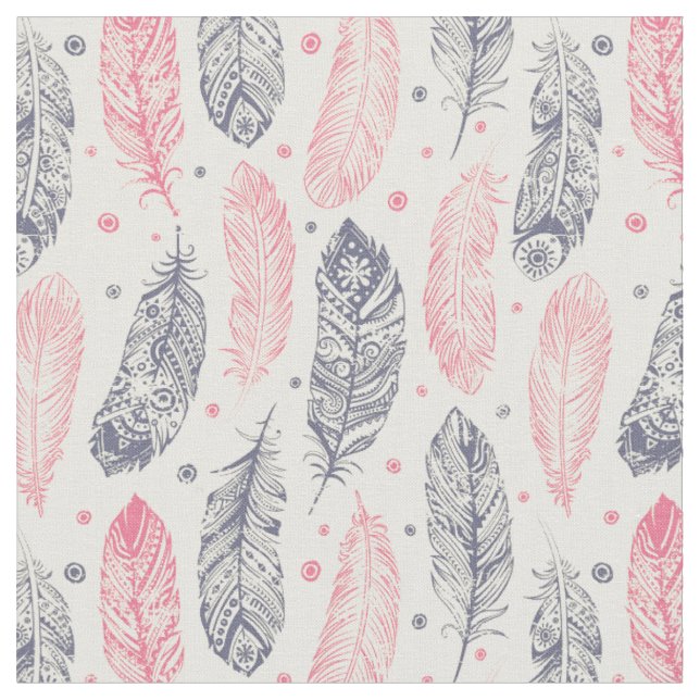 Pink And Purple Ethnic Feather Pattern Fabric (Close Up)