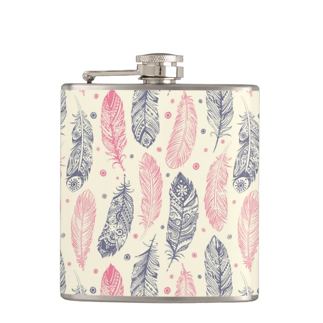 Pink And Purple Ethnic Feather Pattern Hip Flask (Front)