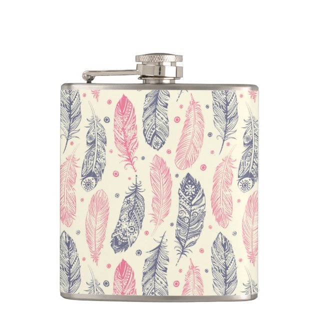 Pink And Purple Ethnic Feather Pattern Hip Flask (Front)