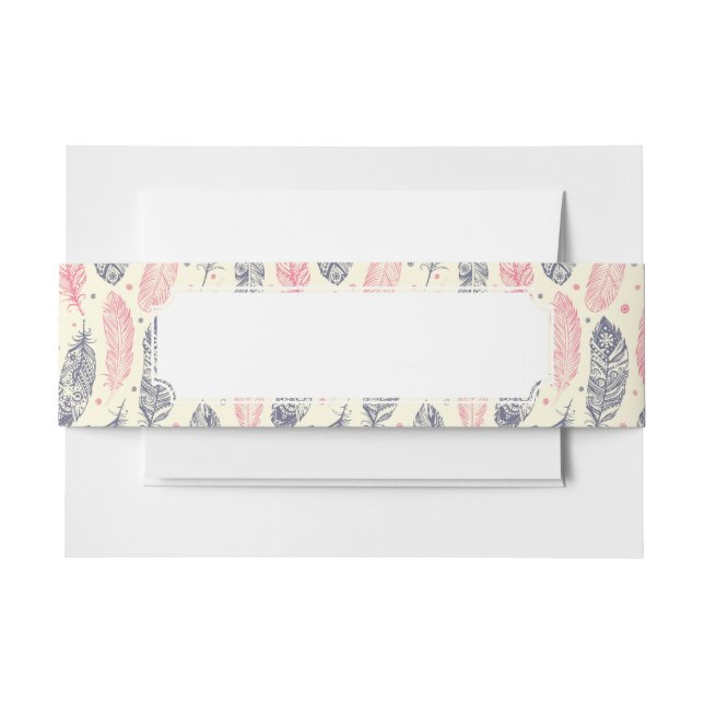 Pink And Purple Ethnic Feather Pattern Invitation Belly Band (Front Example)